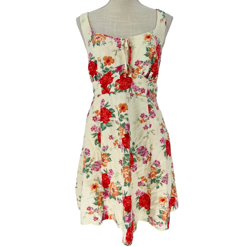 Old Navy Fit Flare Dress Womens Medium Cream Floral Linen Blend Pockets